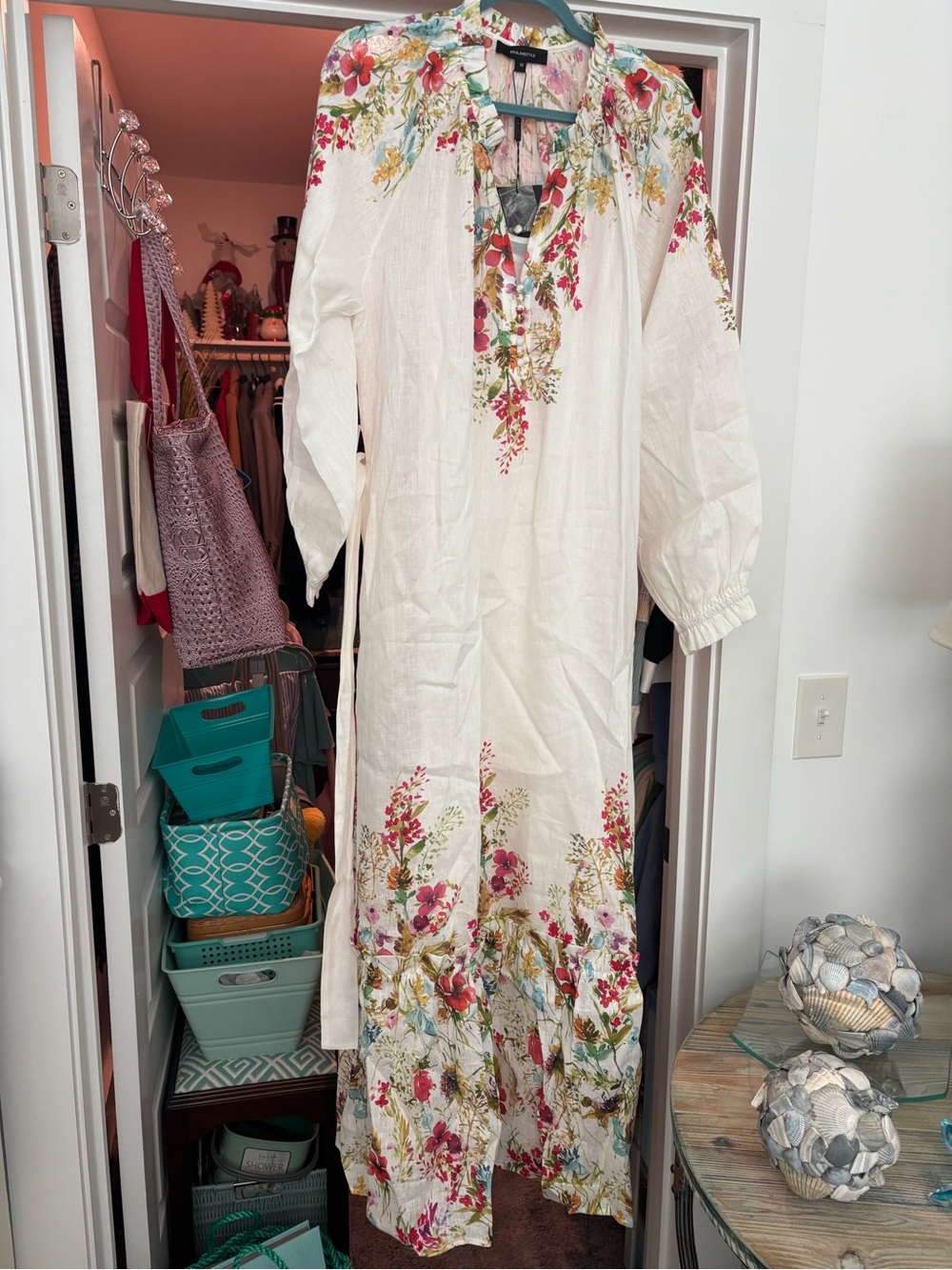 Beulah Floral Print Linen Maxi Sheath Dress with belt